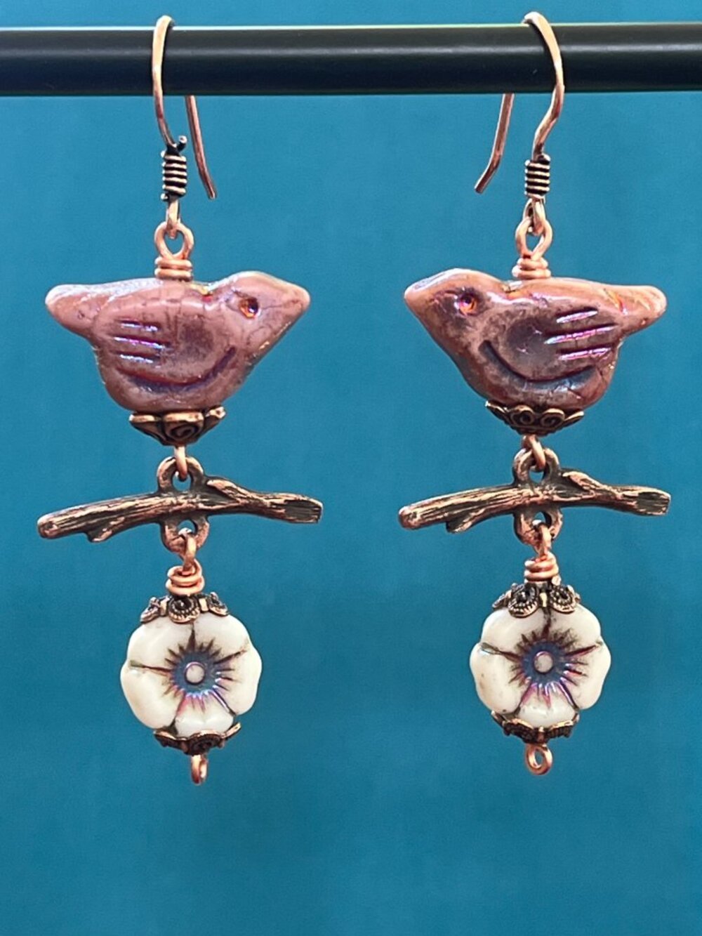 Whimsical Bird and Flower Earrings | Boho Nature Dangle Copper Earrings - Picture 4 of 9